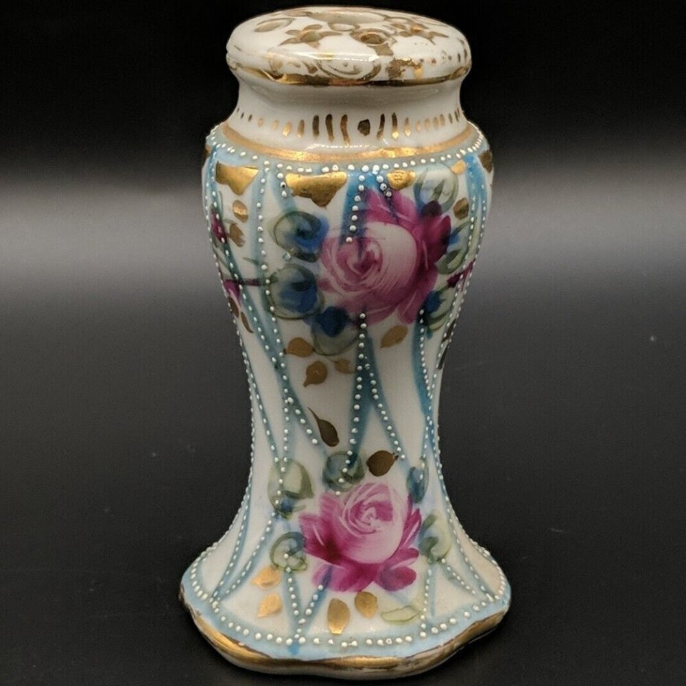 Nippon Porcelain Hatpin Holder Vtg Hand Painted Moriage Gold Accents Floral 4"